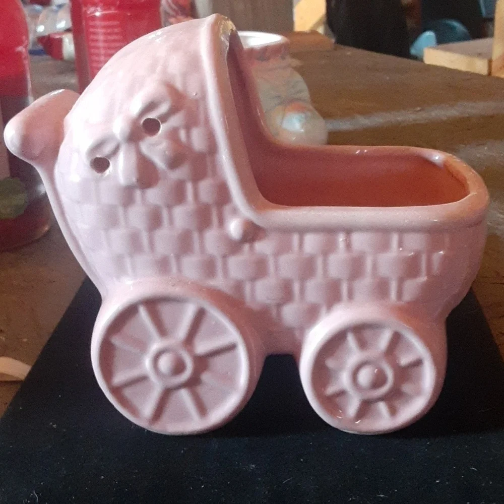 Vintage Pink Ceramic Baby Carriage Planter